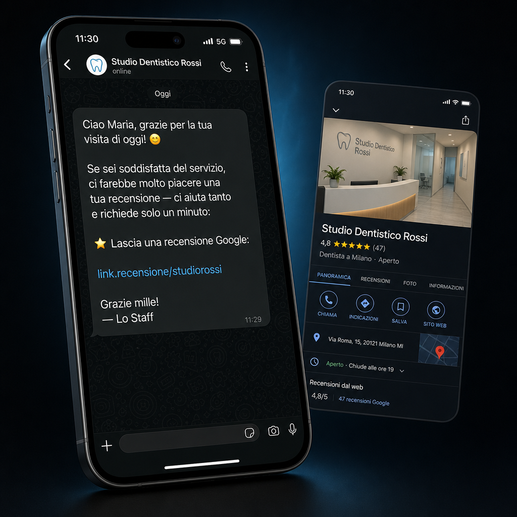 Messaggio automatico di richiesta recensione e profilo Google Maps con 47 recensioni e 4,8 stelle
